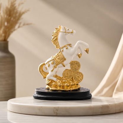 Lucky Horse Showpiece for Home Decor | White & Gold Rearing Horse Figurine with Coins Resin Decorative Statue for Office Desk Living Room Shelf Table Feng Shui Vastu Gift Item