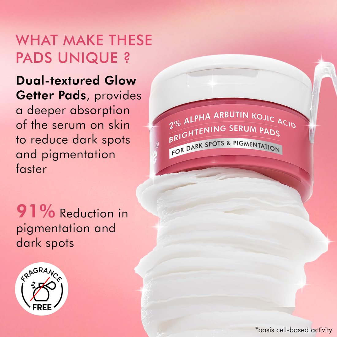 Serum pads with pink container on a pink background, highlighting unique features and benefits.