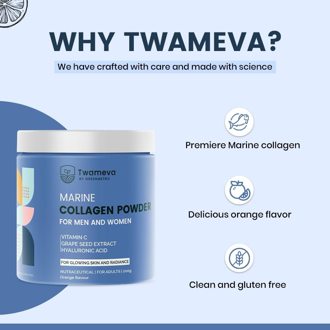 TWAMEVA Collagen Peptides Supplement for Skin, Hair, Nails | Vitamin C, E and Grape Seed Extract| For Healthy Skin,Hair | Marine Collagen Powder for Women & Men | Orange Flavour | 200g