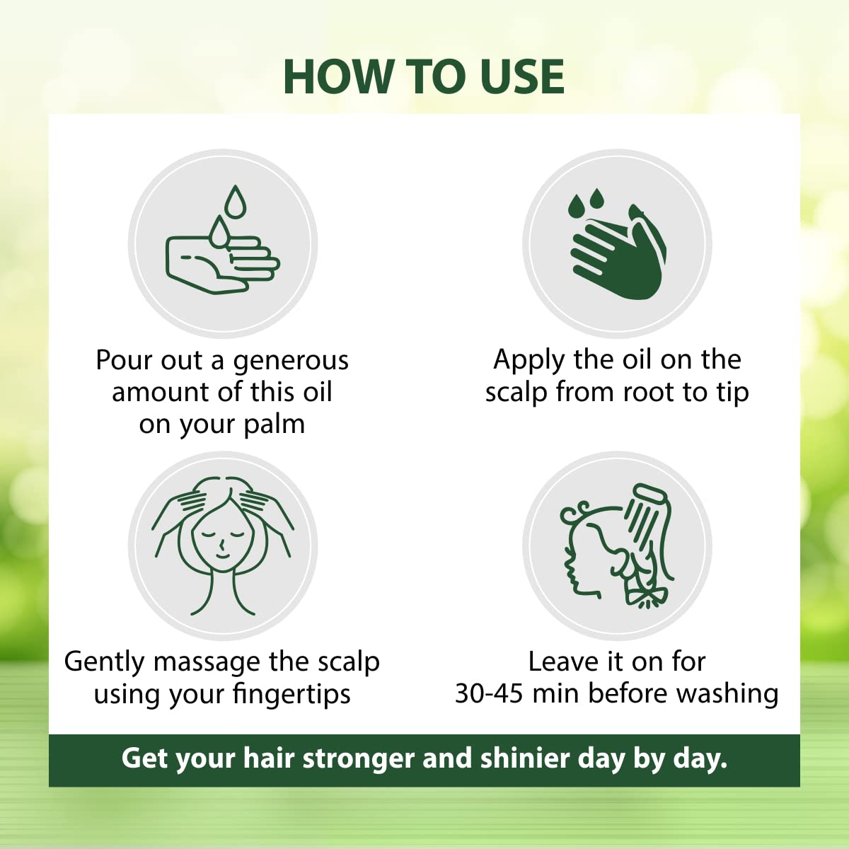Instructions for using a scalp oil with icons and text on a green background