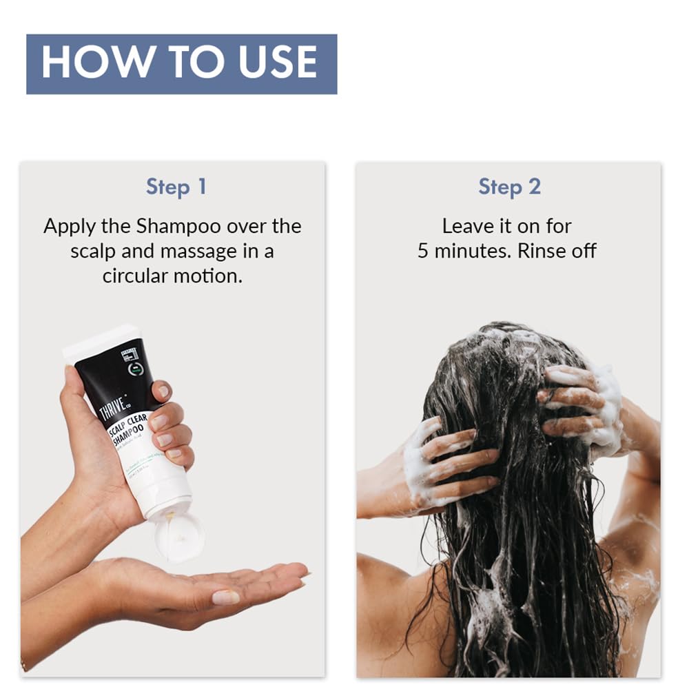 Instructions on how to use shampoo with text and images of hands applying shampoo and massaging it into hair.