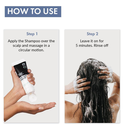 Instructions on how to use shampoo with text and images of hands applying shampoo and massaging it into hair.