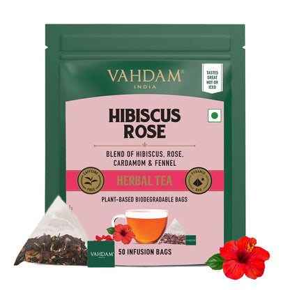 VAHDAM Hibiscus Rose Herbal Infusion - 50 TB | Enhances Skin Glow | Antioxidant & Vitamin C Rich | With Rose Petals, Chamomile & Cardamom | Caffeine Free | Non-GMO
