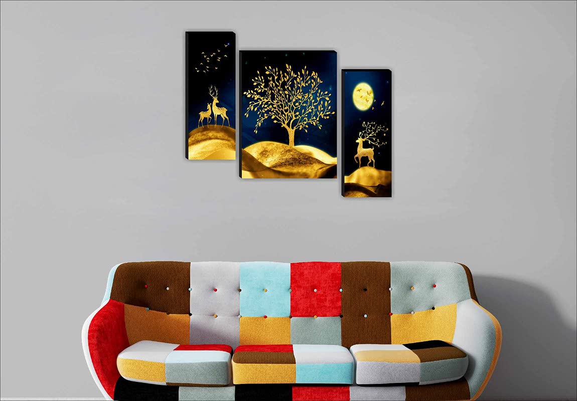 Set of 3 Deer with Tree Modern Art UV Textured Home Decorative Gift Item Self Adeshive Painting 18 Inch X 12 Inch SANFJM31009