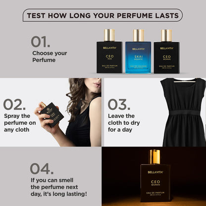 Instructions for testing perfume longevity with Bellavita products displayed.