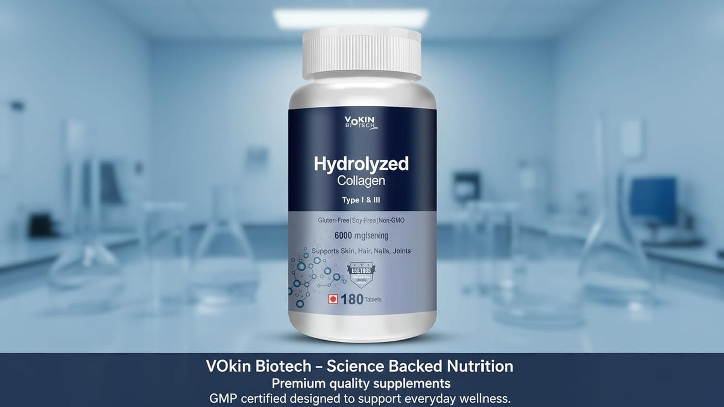 Bottle of hydrolyzed collagen supplement with a blurred laboratory background