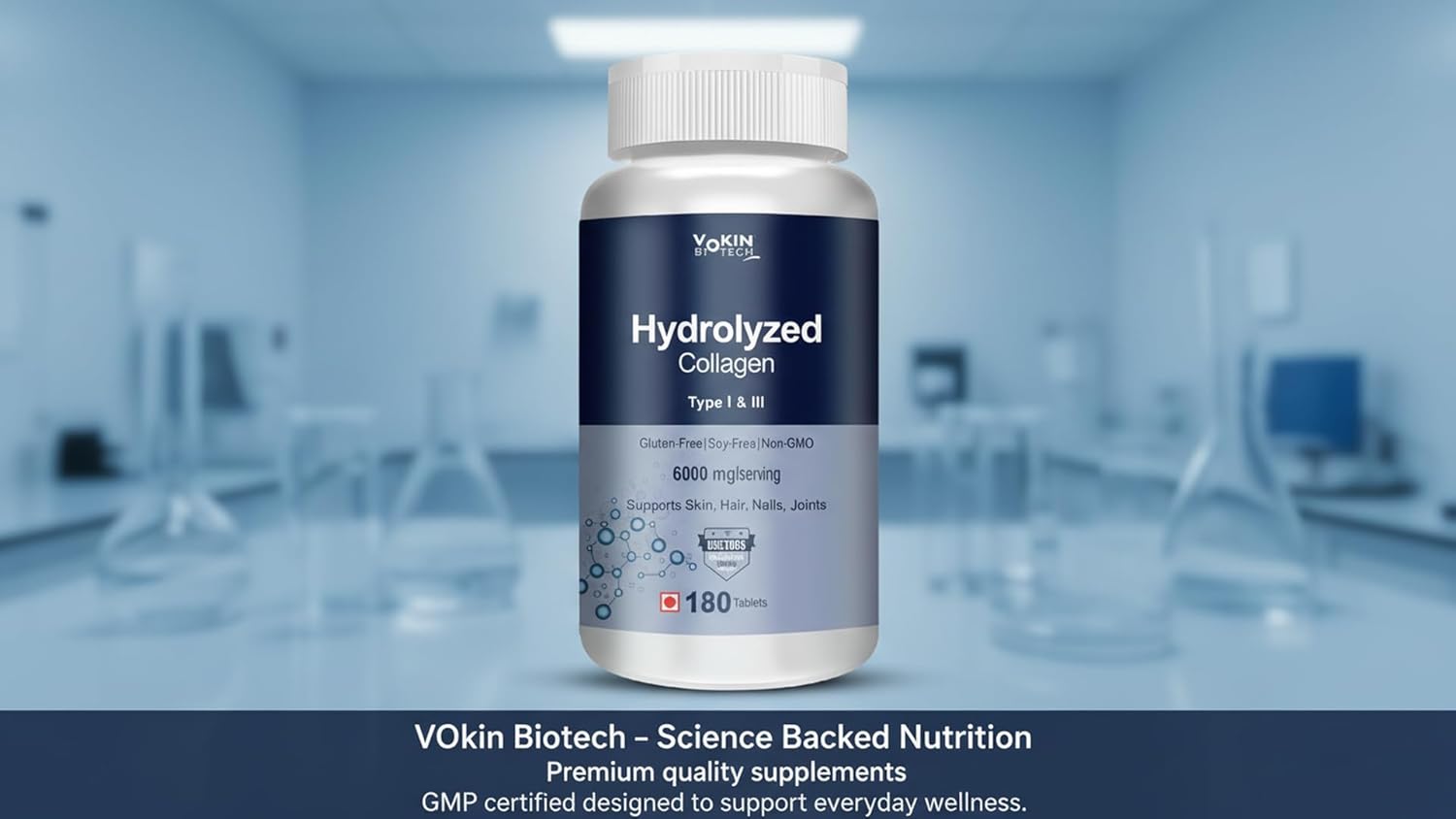 Bottle of hydrolyzed collagen supplement with a blurred laboratory background