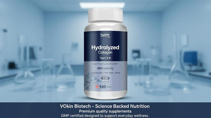 Bottle of hydrolyzed collagen supplement with a blurred laboratory background