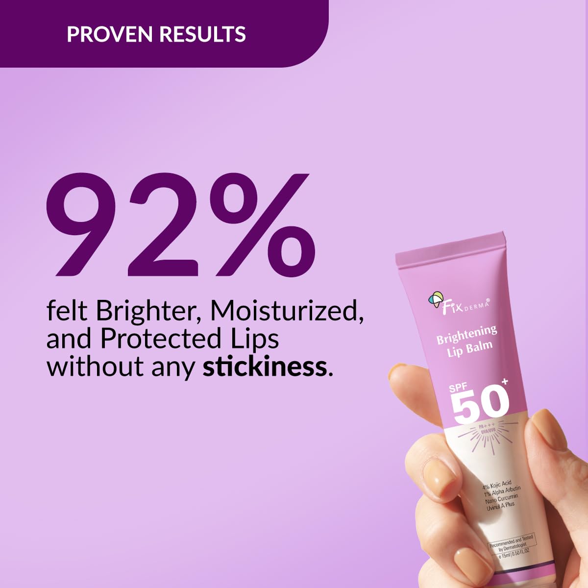 Fixderma Brightening Lip Balm With SPF 50 PA+++ for Pigmented & Dry Lips | 4% Kojic Acid, 2% Alpha Arbutin | Moisturizes, Hydrates & Brightens Pigmented Lips | For Men & Women - 15ml