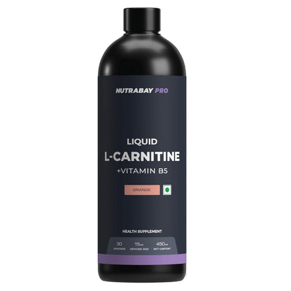 Black bottle of Nutrabay Pro Liquid L-Carnitine + Vitamin B5 on a white background