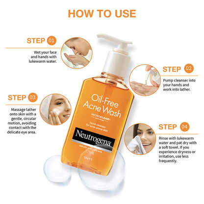 Neutrogena Oil-Free Acne Wash bottle with usage instructions on a white background