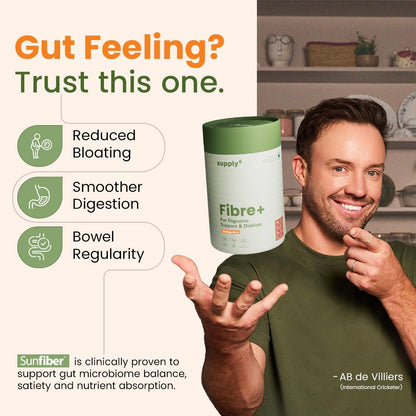 Supply6 Fibre+ Digestive Support & Debloat Health Powder | Prebiotic & Soluble Fiber Supplement, Gut Health & Bloating Relief | No Added Sugar, Non-GMO Sachets (Orange Burst, 15 Servings)