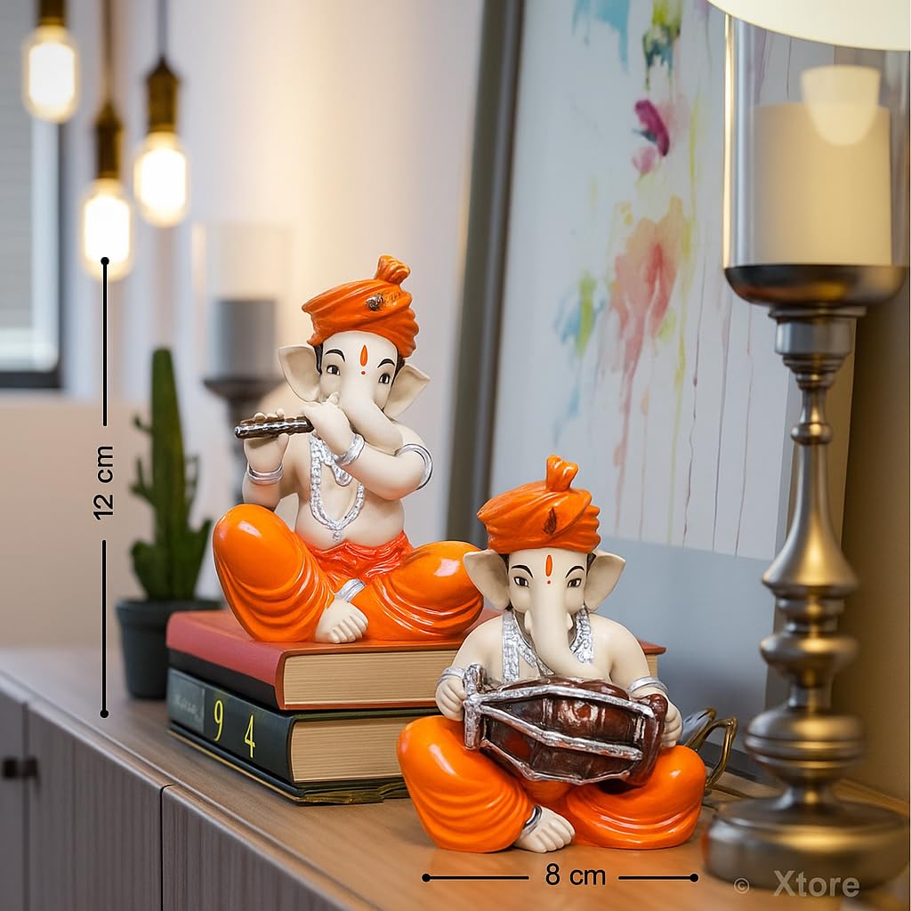 Xtore Musical Ganesha Pair for Home Decor Handicraft Resin| Brings Prosperity - (Orange and White, Pack of 2)(Resin)