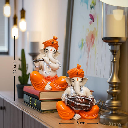 Xtore Musical Ganesha Pair for Home Decor Handicraft Resin| Brings Prosperity - (Orange and White, Pack of 2)(Resin)