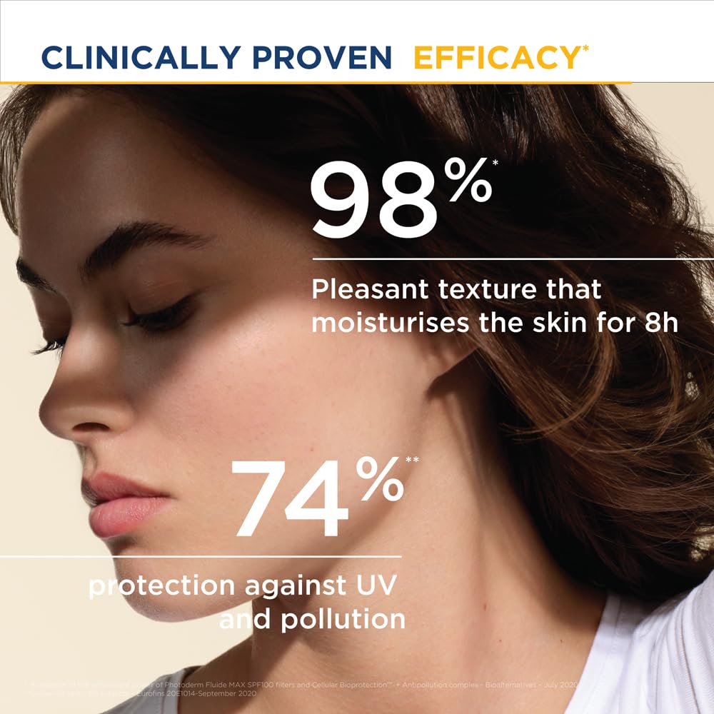 Advertisement for skincare product with woman's face, clinical efficacy claims, and beige background.