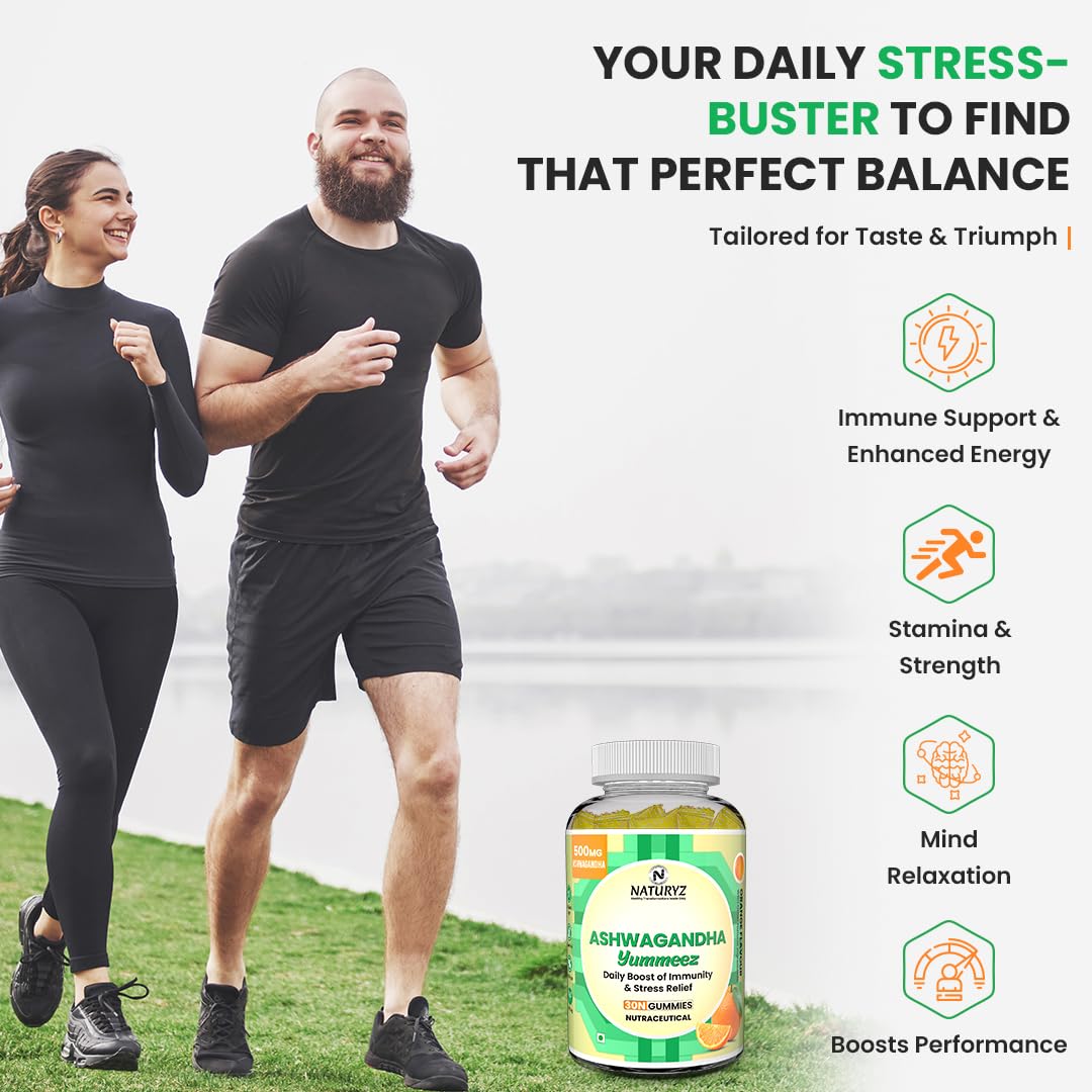 Two people running outdoors with a supplement bottle labeled 'Natures Plus Ashwagandha' on a white background.