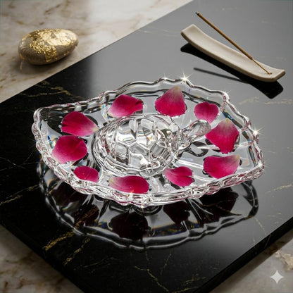 SAUDEEP INDIA Crystal Turtle with Leaf Tray for Home Decor | Vastu Feng Shui Tortoise with Plate for Good Luck | Wealth & Prosperity Table Accent | Gift for Home & Office-16x11x3 cm