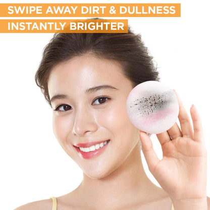 Woman holding a pink makeup sponge with text 'Swipe Away Dirt & Dullness Instantly Brighter' on a white background