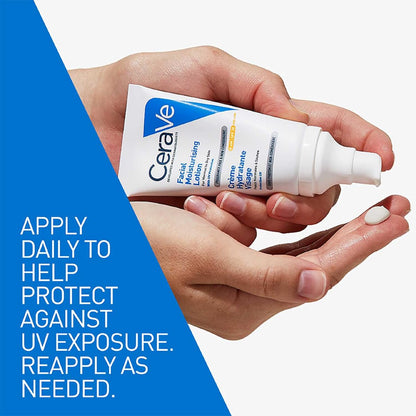CeraVe facial moisturizing lotion being held in a hand with promotional text on a blue and white background