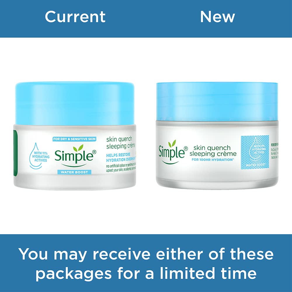 Two jars of Simple skin quench sleeping crème with blue and white labels on a blue background.