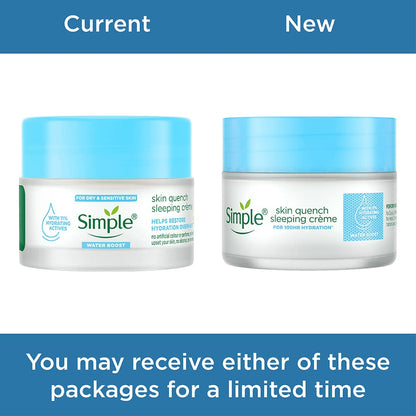 Two jars of Simple skin quench sleeping crème with blue and white labels on a blue background.