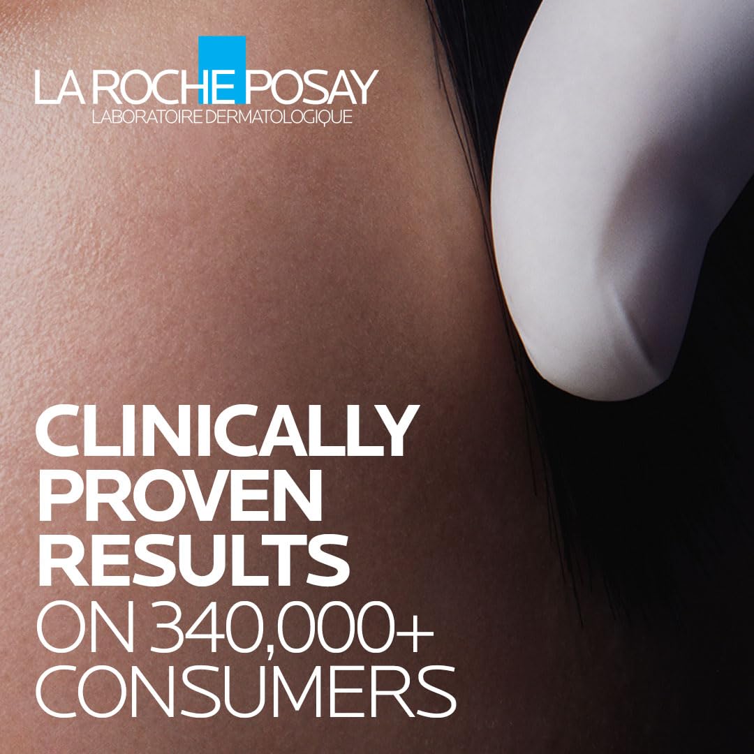 La Roche-Posay advertisement with a gloved hand applying cream to skin, featuring the brand's logo and text about clinical proven results.