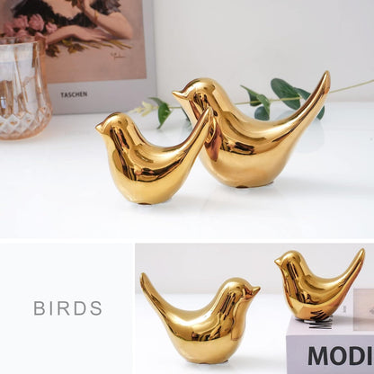 Ceramic Golden Birds Showpiece for Home Decor | Set of 3 Decorative Bird Figurines | Gold Bird Statue for Living Room, Bedroom, Office Desk, Cabinet & Shelf Decoration (Pack of 2, Golden)