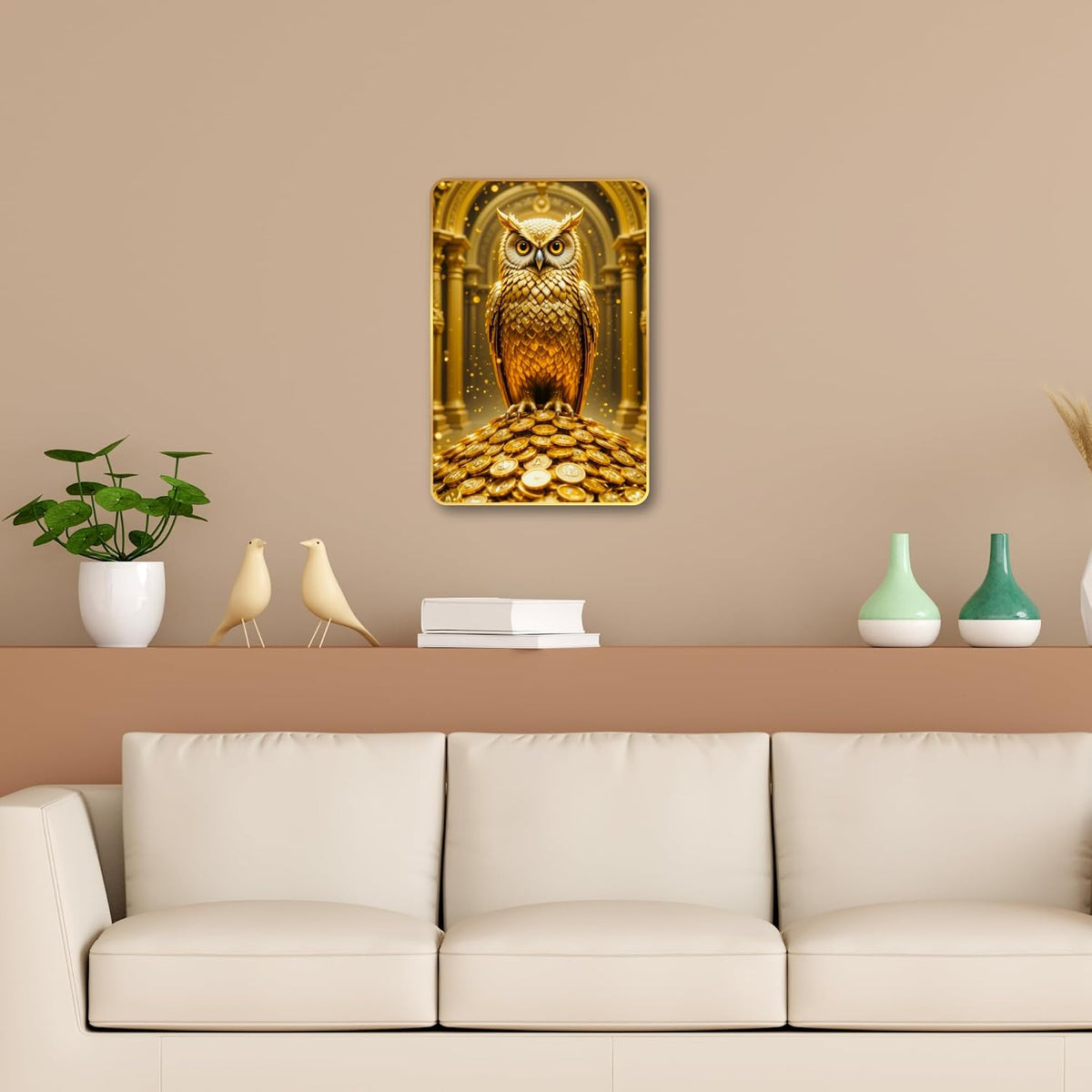 Golden Owl Sitting on Coins | Vastu Painting for Wealth & Prosperity | Golden Decorative Owl Wall Décor for Home & Office (Style-03, 12x18 inch)