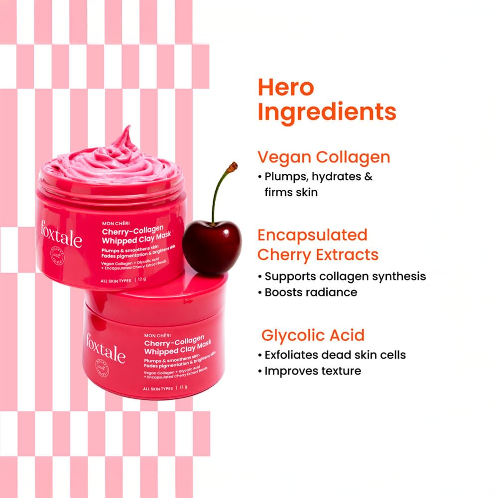 Foxtale Cherry-Collagen Whipped Clay Mask | Vegan Collagen + Glycolic Acid + PHA + Cherry Beads | Hydrates, Plumps & Firms Skin | Detoxifies Pores, Brightens & Smooths Dull, Uneven Skin | 12g