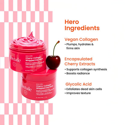 Foxtale Cherry-Collagen Whipped Clay Mask | Vegan Collagen + Glycolic Acid + PHA + Cherry Beads | Hydrates, Plumps & Firms Skin | Detoxifies Pores, Brightens & Smooths Dull, Uneven Skin | 12g