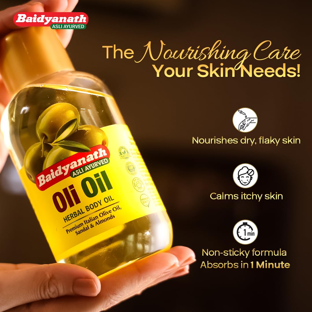 Baidyanath Oli Oil | Herbal Body Oil with Italian Olive Oil, Almond Oil, Neem, Sandalwood & Sesame Oils, Haldi & 5 Herbs | With Vit E & Antioxidants | Nourishes Dry Skin, Non-Sticky & Fast Absorbing | 500ml