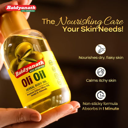 Baidyanath Oli Oil | Herbal Body Oil with Italian Olive Oil, Almond Oil, Neem, Sandalwood & Sesame Oils, Haldi & 5 Herbs | With Vit E & Antioxidants | Nourishes Dry Skin, Non-Sticky & Fast Absorbing | 500ml