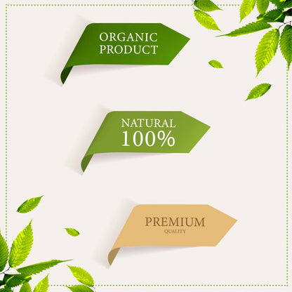 Green and brown labels with text on a white background with green leaves.