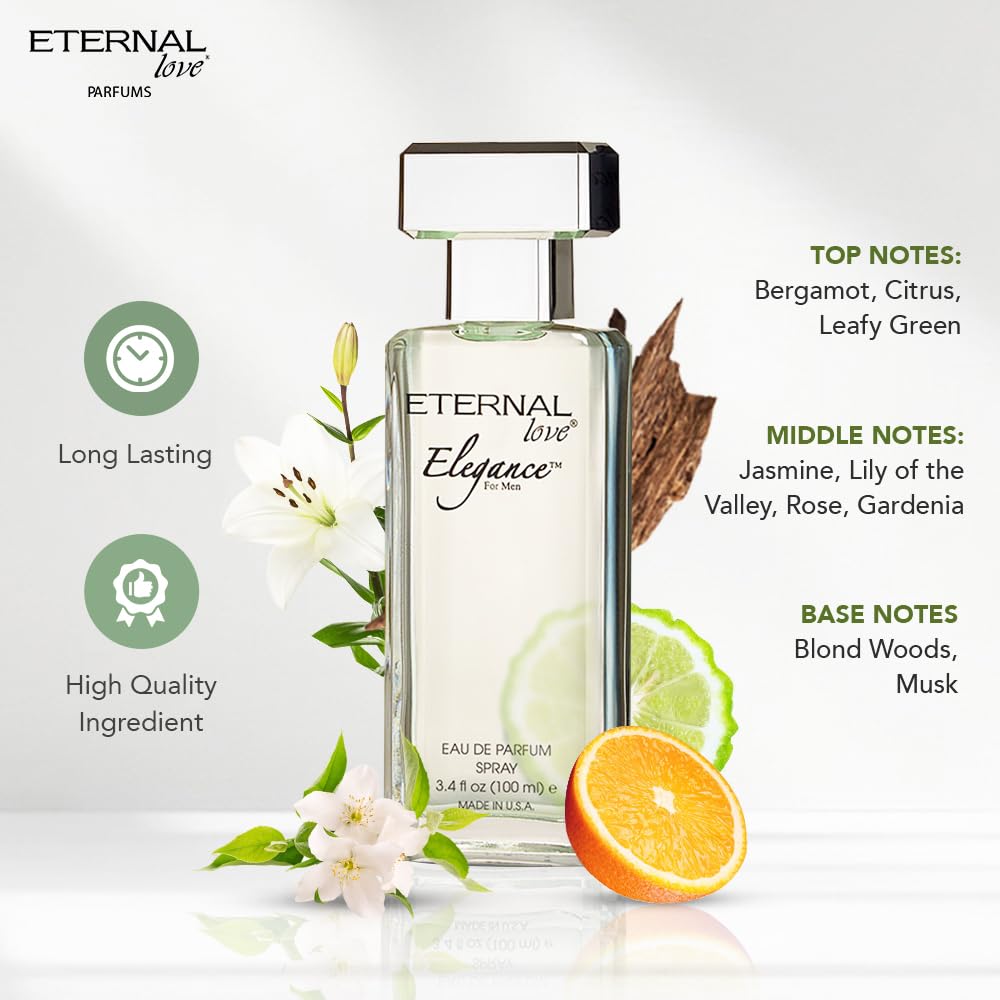 Perfume bottle labeled 'Eternal Love' with floral and citrus elements on a light background