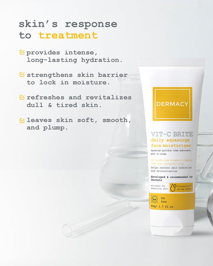 Dermacy Vit - C Brite Daily Aquasurge Face Moisturiser | Restores Skin Hydration and Moisturisation | 20% Stabilized Vitamin - C Complex + 100% Pure Hyaluronic Acid + ThermoActiv Spring Water | Suitable for All Skin Types | 50g