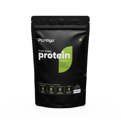 Black package of Plantigo plant-based protein on a white background
