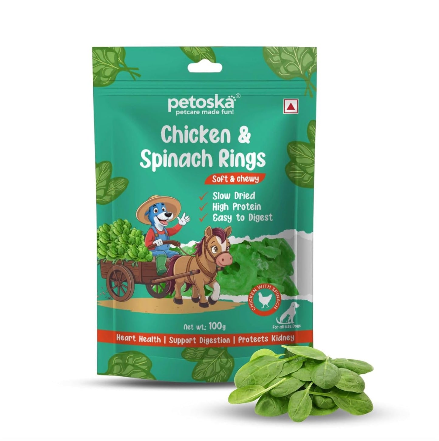 Petoska Chicken & Spinach Rings Dog Treats – 100 g Soft, Protein-Rich Ring-Shaped Snacks for Puppies and Adult Dogs, Natural Vegetable-Infused Reward for All Breeds