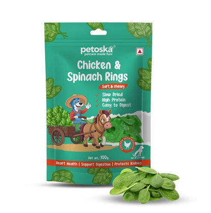Petoska Chicken & Spinach Rings Dog Treats – 100 g Soft, Protein-Rich Ring-Shaped Snacks for Puppies and Adult Dogs, Natural Vegetable-Infused Reward for All Breeds