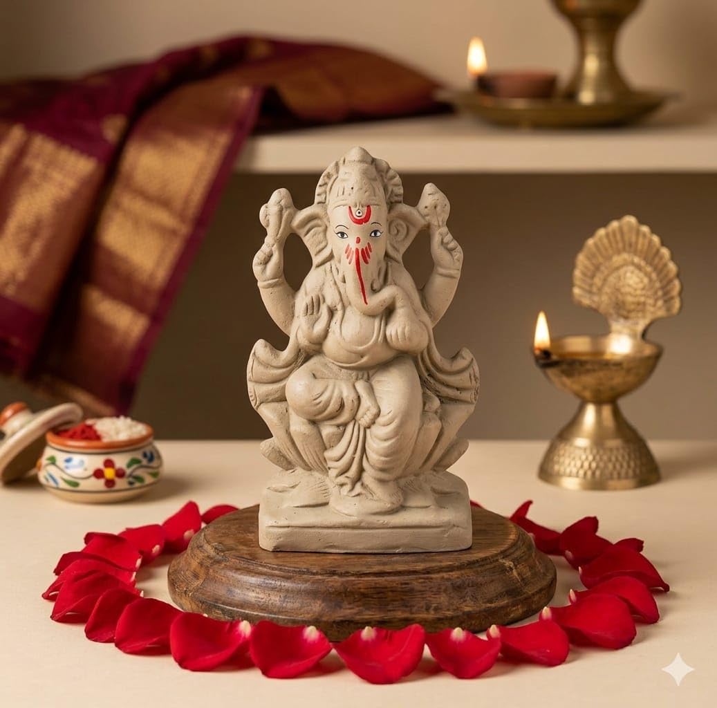 SAUDEEP INDIA 6 Inch Mitti Ganesh Idol | Eco-Friendly Handcrafted Mud/Clay Ganesh Murti | Ganpati Figurine for Visarjan | Biodegradable Lotus Ganesha Statue | Ganesh Chaturthi (Lotus Design)