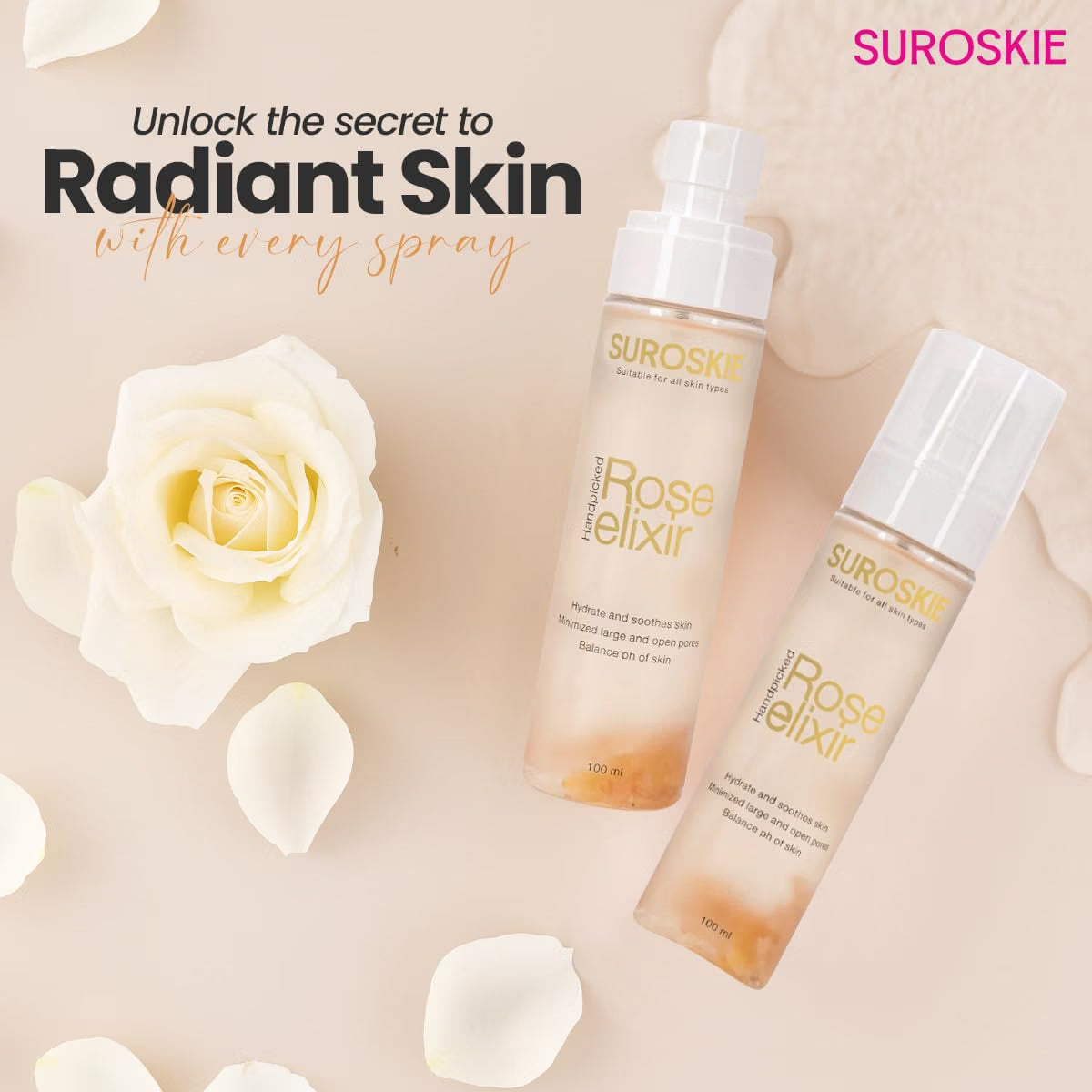 Suroskie Rose Water Elixir Face Mist 100Ml | Pure Rose Water | Face Toner For Glowing, Refresh & Hydrating Skin | Minimize Large & Open Pores | Balance Ph Of Skin | Gulab Jal For Women & Men