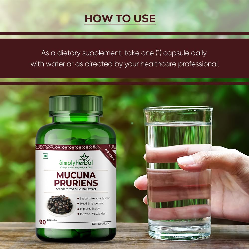 Bottle of Mucuna Pruriens supplement with a glass of water on a wooden surface.