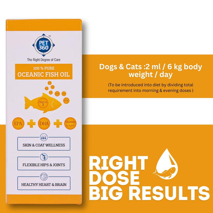 PET360 Oceanic Sardine Fish Oil for Dogs & Cats | Promotes Heart, Brain, Liver & Kidney Health | Reduced Hairfall, Shiny Coat | Omega 3, 6 & Vit. A, D, E| Nutritional Supplement for All Breeds- 200 ml