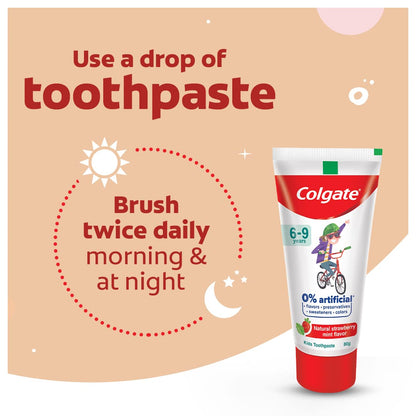 Colgate Kids Toothpaste with 0% Artificial Preservatives, Colours, Sweeteners for Whitening (6-9 Years, Natural Strawberry Mint Flavour - 80g Tube)