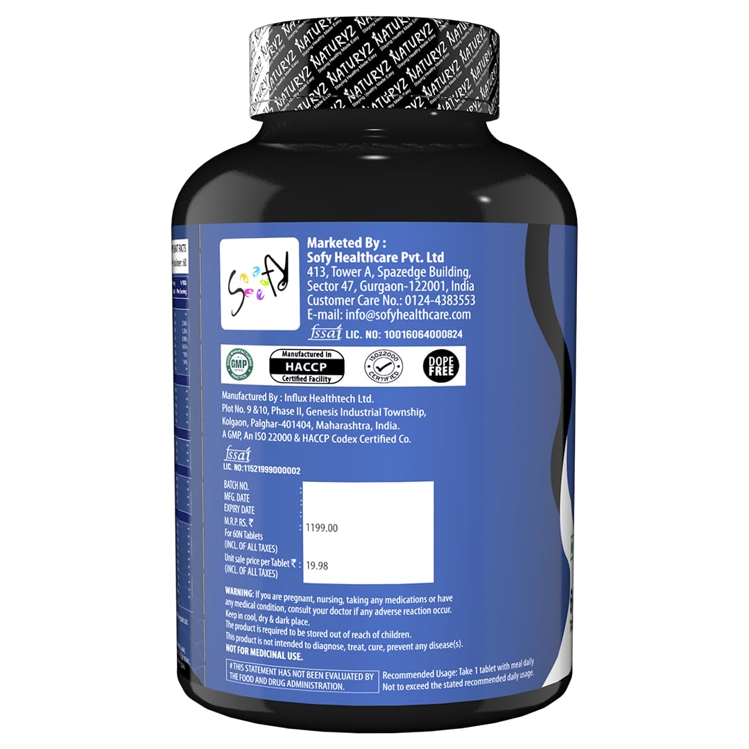 Supplement bottle with blue label and white text on a white background