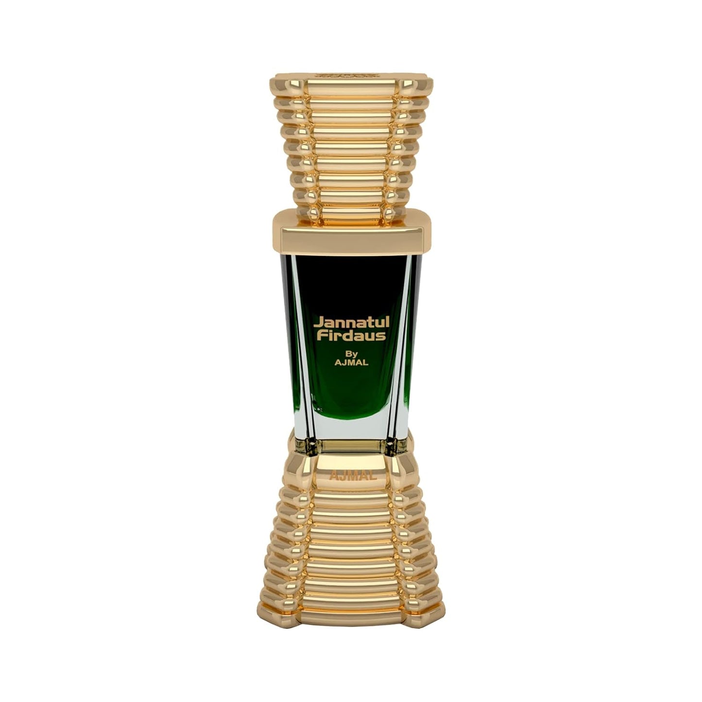 Perfume bottle with gold and green design on a white background