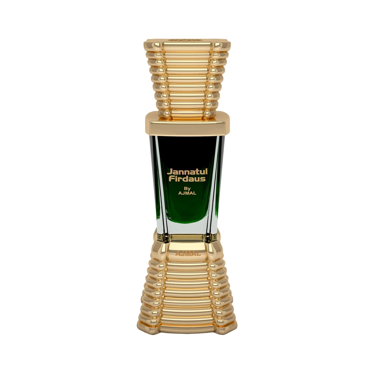 Perfume bottle with gold and green design on a white background