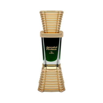 Perfume bottle with gold and green design on a white background