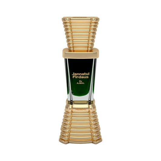 Perfume bottle with gold and green design on a white background
