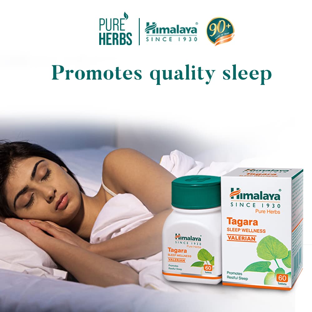 Himalaya Tagara sleep wellness supplement with a woman sleeping in the background