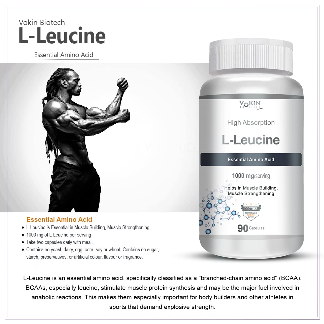 Vokin Biotech L-Leucine supplement bottle with a muscular man illustration on a white background